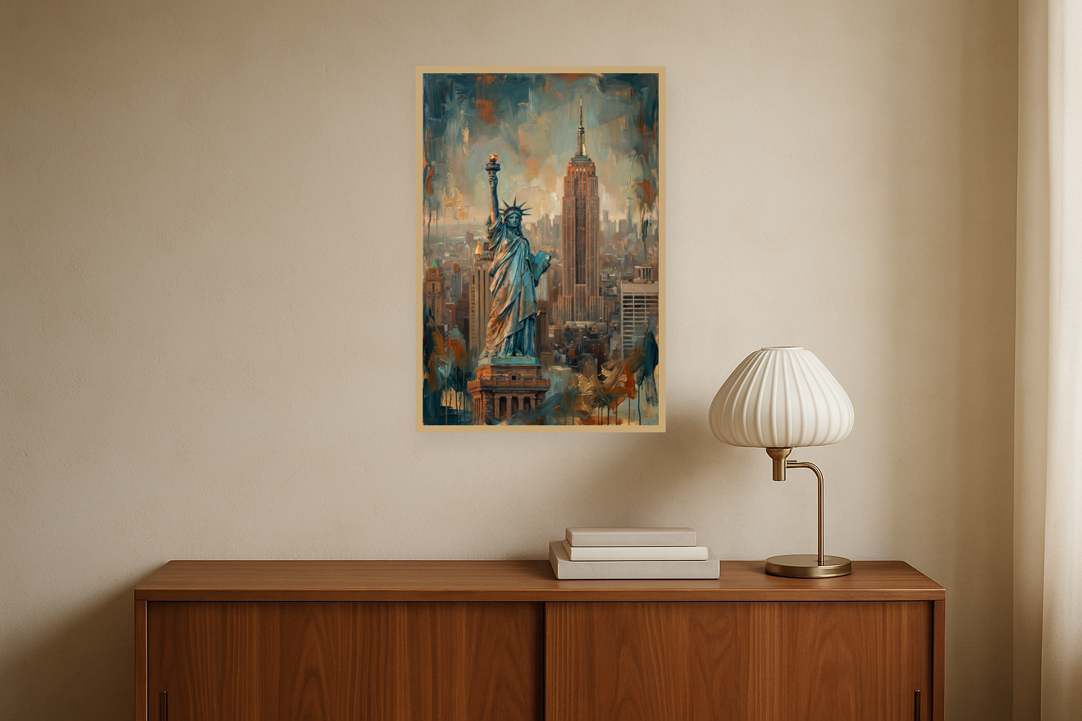 Liberty Skyline van Wandkraft op canvas in blanke baklijst, in een moderne loft.