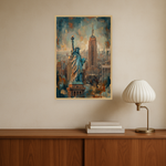 Liberty Skyline van Wandkraft op canvas in blanke baklijst, in een moderne loft.