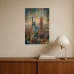 Liberty Skyline van Wandkraft op canvas zonder lijst, vlak aan de muur, in een moderne loft.