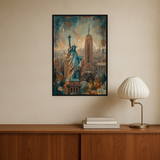 Liberty Skyline van Wandkraft op canvas in zwarte baklijst, in een moderne loft.