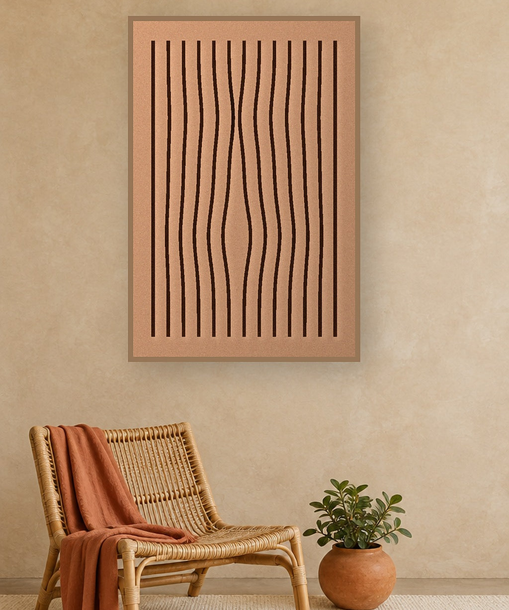 Line Grain viltpaneel aan de wand in een bohemian interieur met rotan stoel