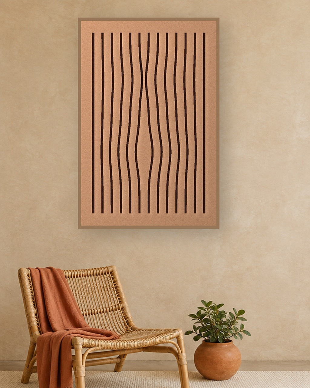 Panneau en feutre Line Grain au mur dans un intérieur bohème avec fauteuil en rotin