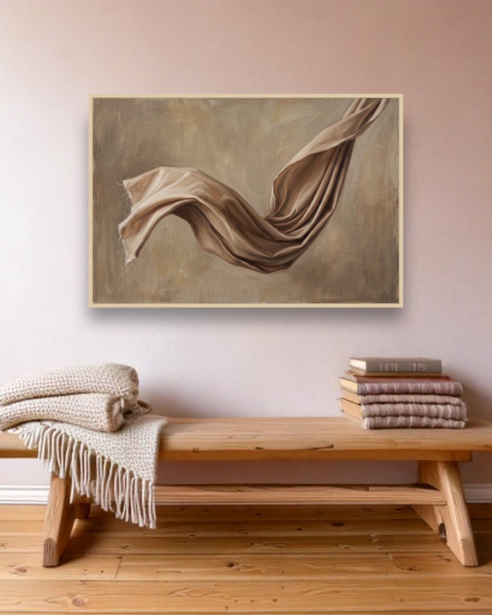 Linen & Light ambiance avec cadre en bois clair dans un intérieur scandinave