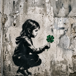 Lucky Charm - street art schilderij van een meisje met een klavertjevier in zwart-wit met groen accent