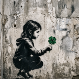 Lucky Charm - street art schilderij van een meisje met een klavertjevier in zwart-wit met groen accent
