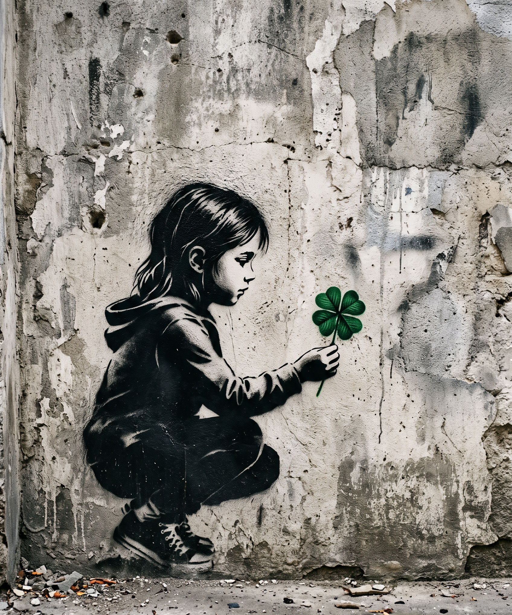 Lucky Charm - street art schilderij van een meisje met een klavertjevier in zwart-wit met groen accent
