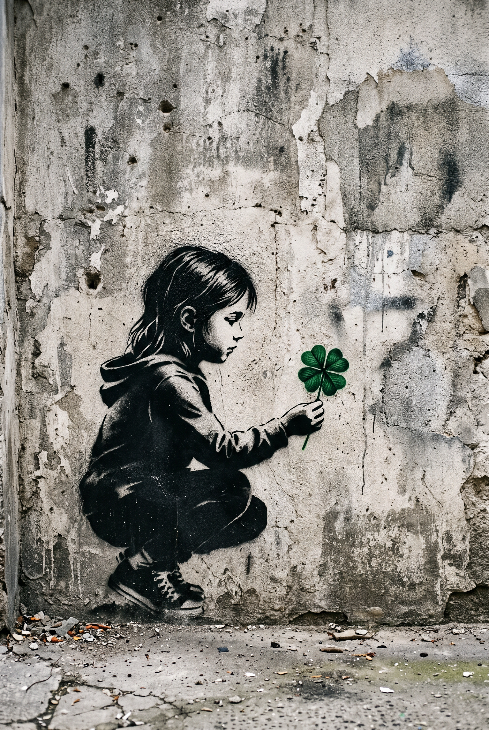 Lucky Charm - street art schilderij van een meisje met een klavertjevier in zwart-wit met groen accent