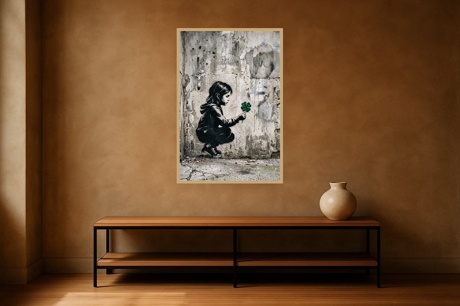 Lucky Charm van Wandkraft op canvas in blanke baklijst, in een stoere loft.