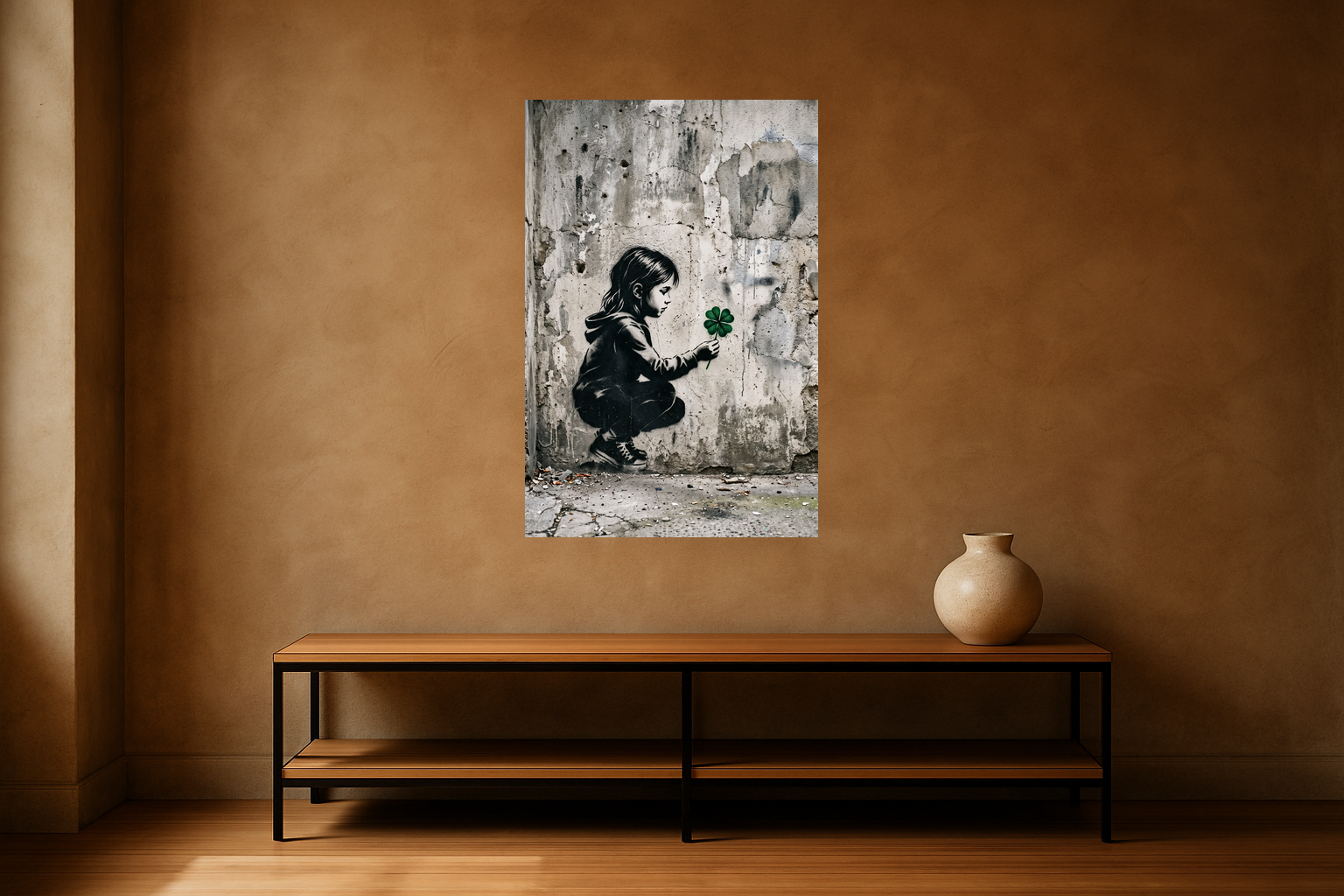 Lucky Charm van Wandkraft op canvas zonder lijst, vlak aan de muur, in een stoere loft.