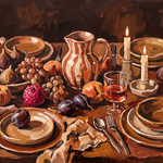 Midday Feast - weelderige tafel met fruit en kaarsen, Wandkraft