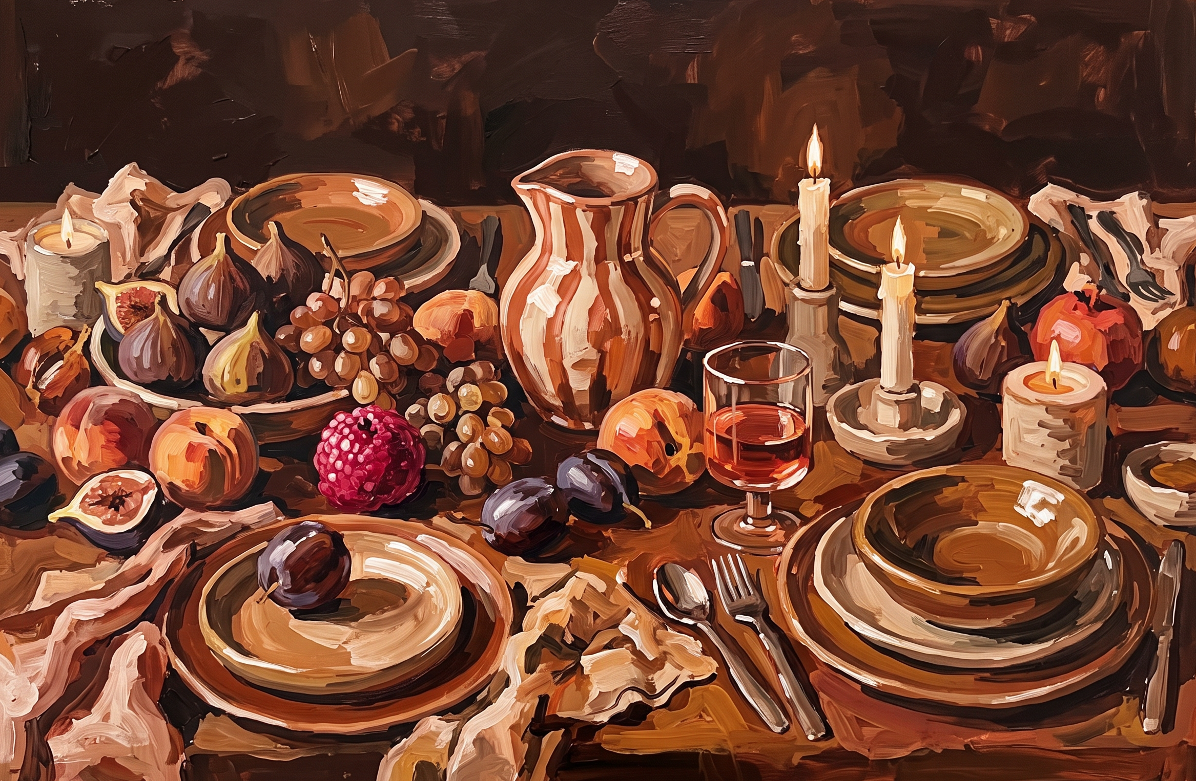 Midday Feast - weelderige tafel met fruit en kaarsen, Wandkraft