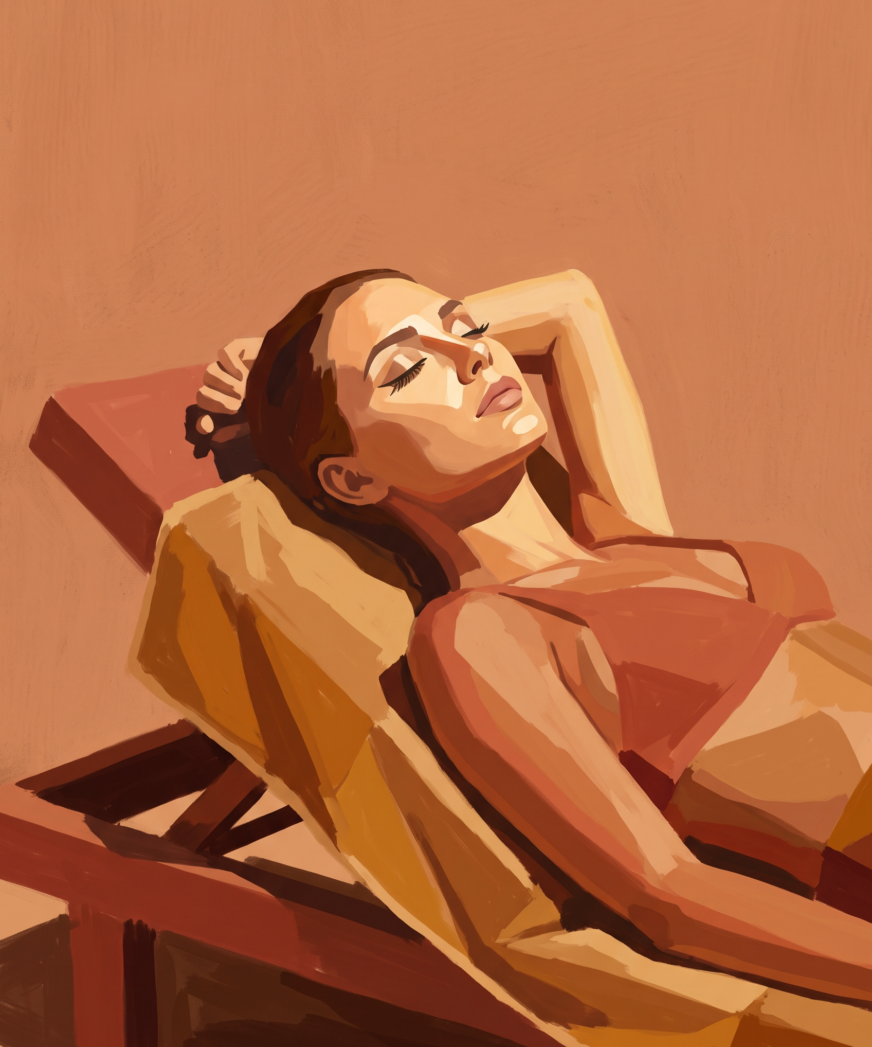Midday Siesta - vrouw ontspant in gouden licht, Wandkraft