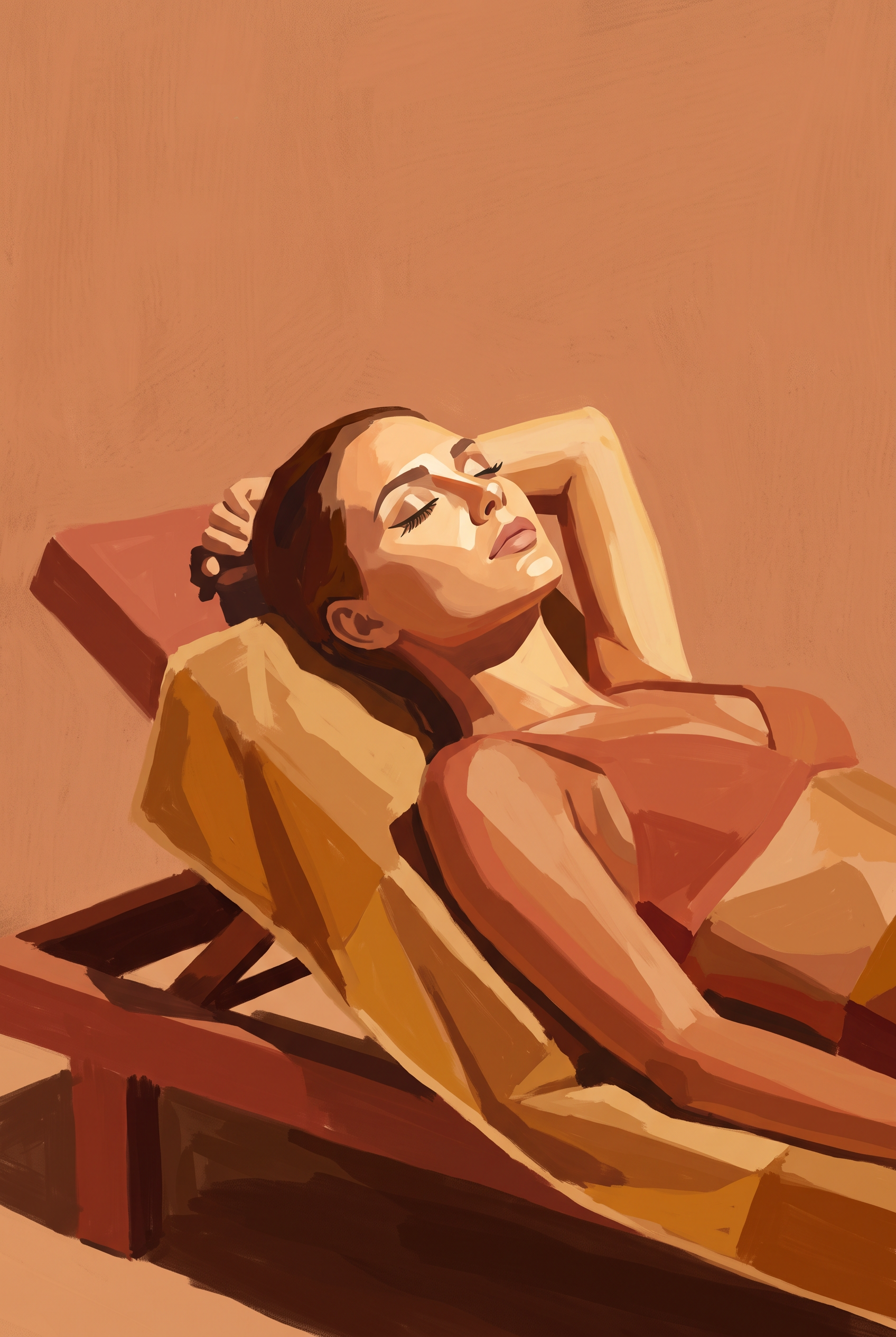 Midday Siesta - vrouw ontspant in gouden licht, Wandkraft