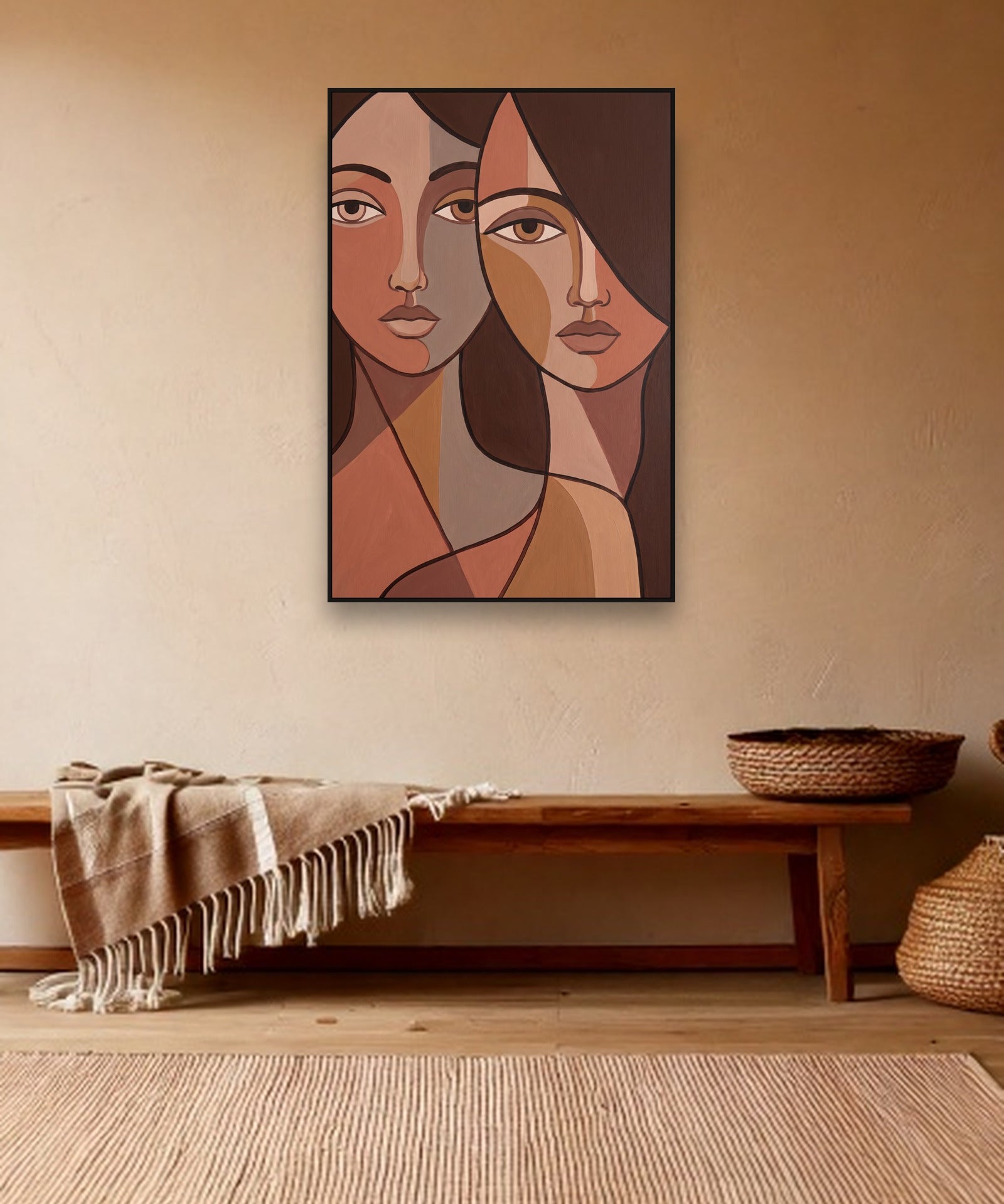 Mirrored Faces Stimmungsbild mit schwarzem Schattenfugenrahmen im Boho Interieur