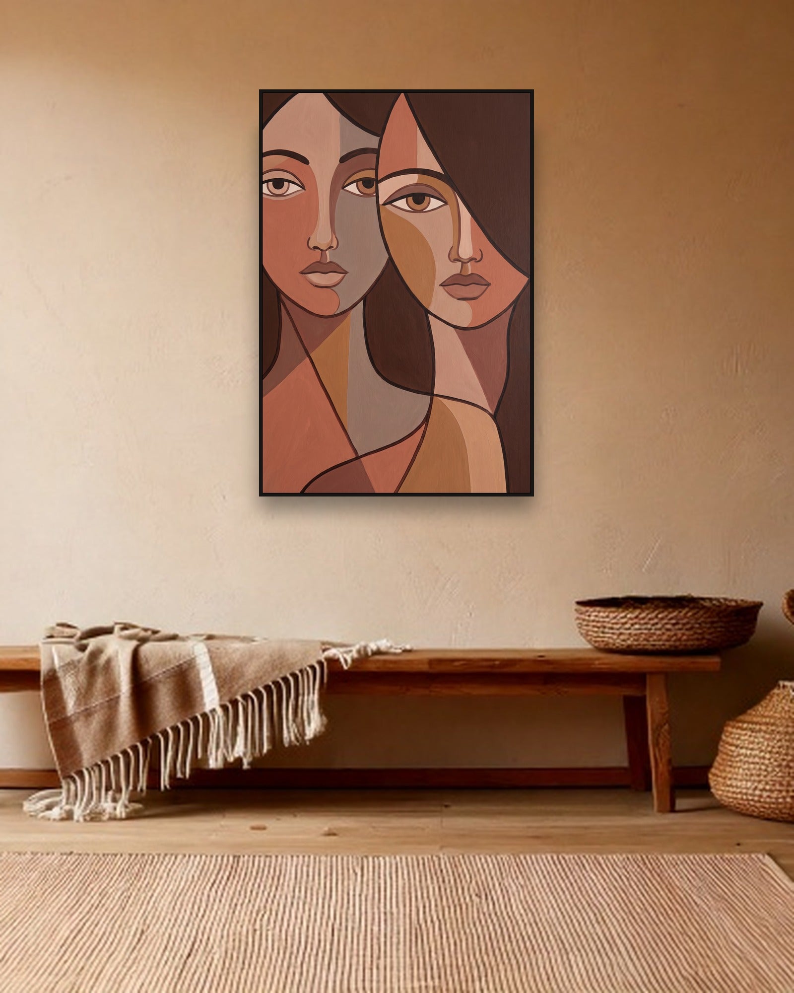 Mirrored Faces sfeerbeeld met zwarte baklijst in bohemien interieur