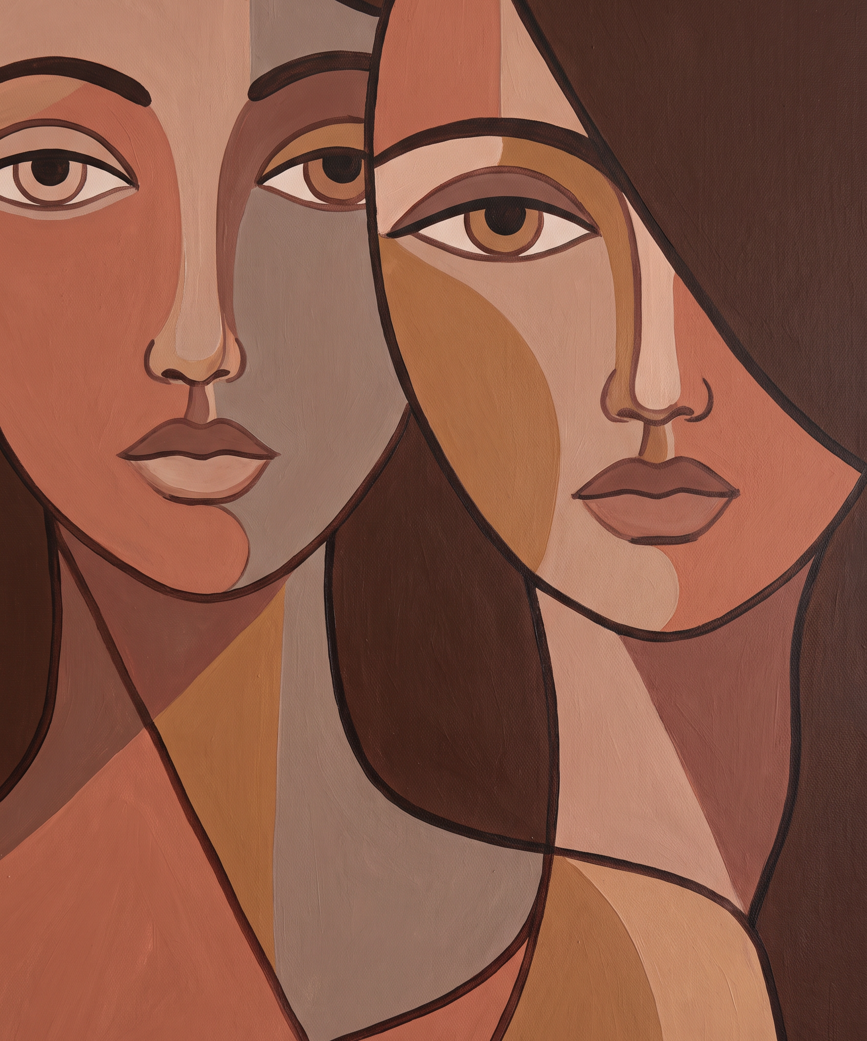 Mirrored Faces - grafisch dubbelportret terracotta wanddecoratie