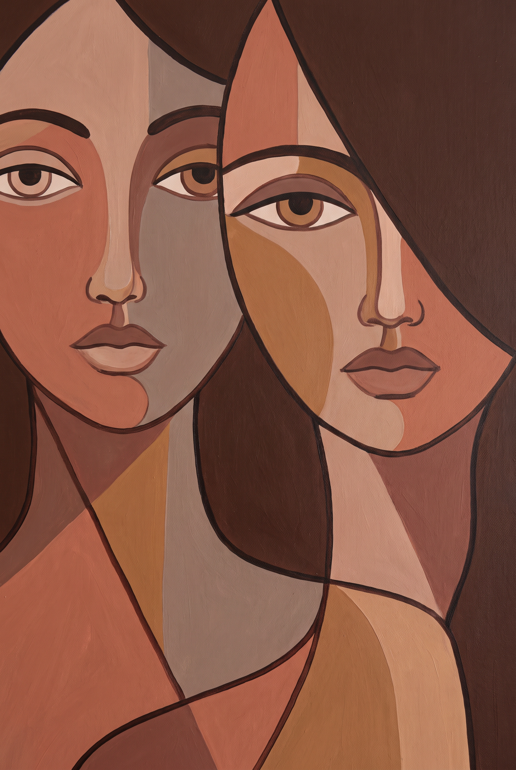 Mirrored Faces - grafisch dubbelportret terracotta wanddecoratie