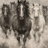 Cinq chevaux galopant de face dans la poussière, cheval sombre à liste blanche et cheval gris, Wandkraft