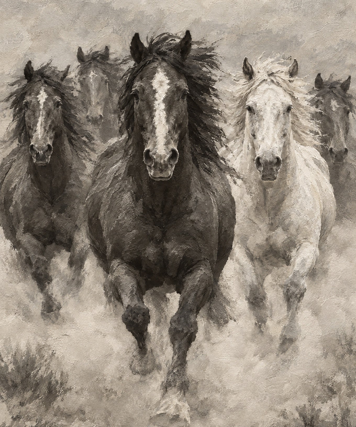 Vijf paarden galopperen frontaal door stof, donker paard met bles en grijze schimmel in sepia, Wandkraft