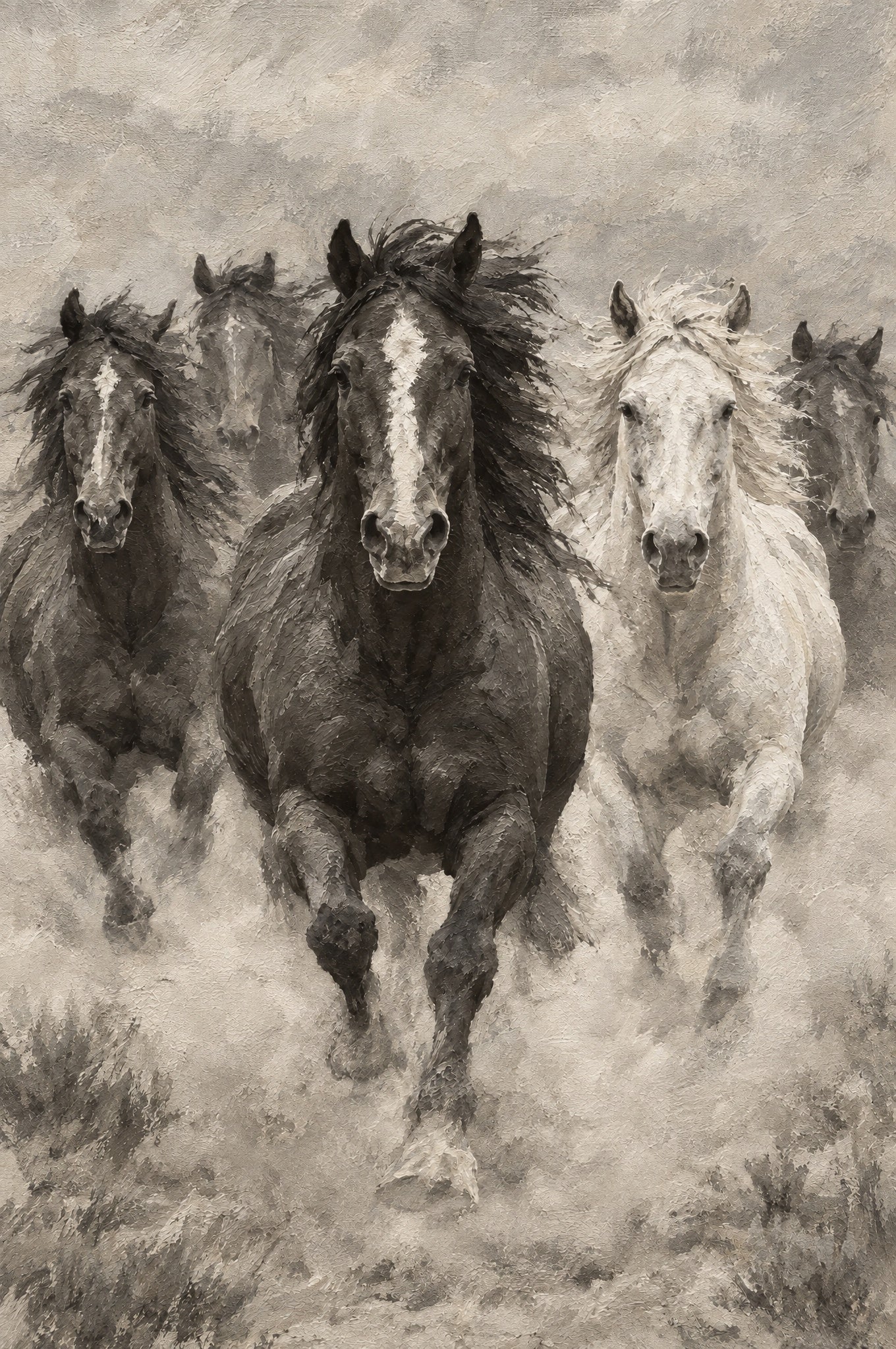 Cinq chevaux galopant de face dans la poussière, cheval sombre à liste blanche et cheval gris, Wandkraft