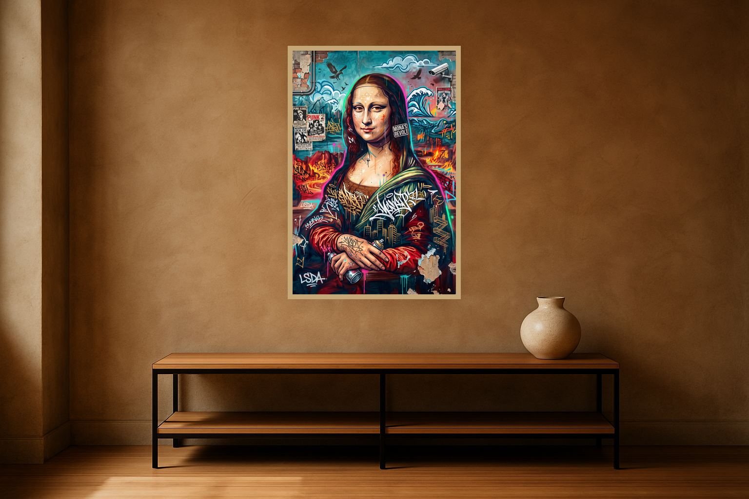 Mona Revolt van Wandkraft op canvas in blanke baklijst, in een stoere loft.