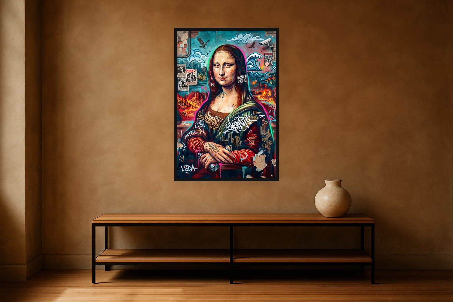 Mona Revolt van Wandkraft op canvas in zwarte baklijst, in een stoere loft.