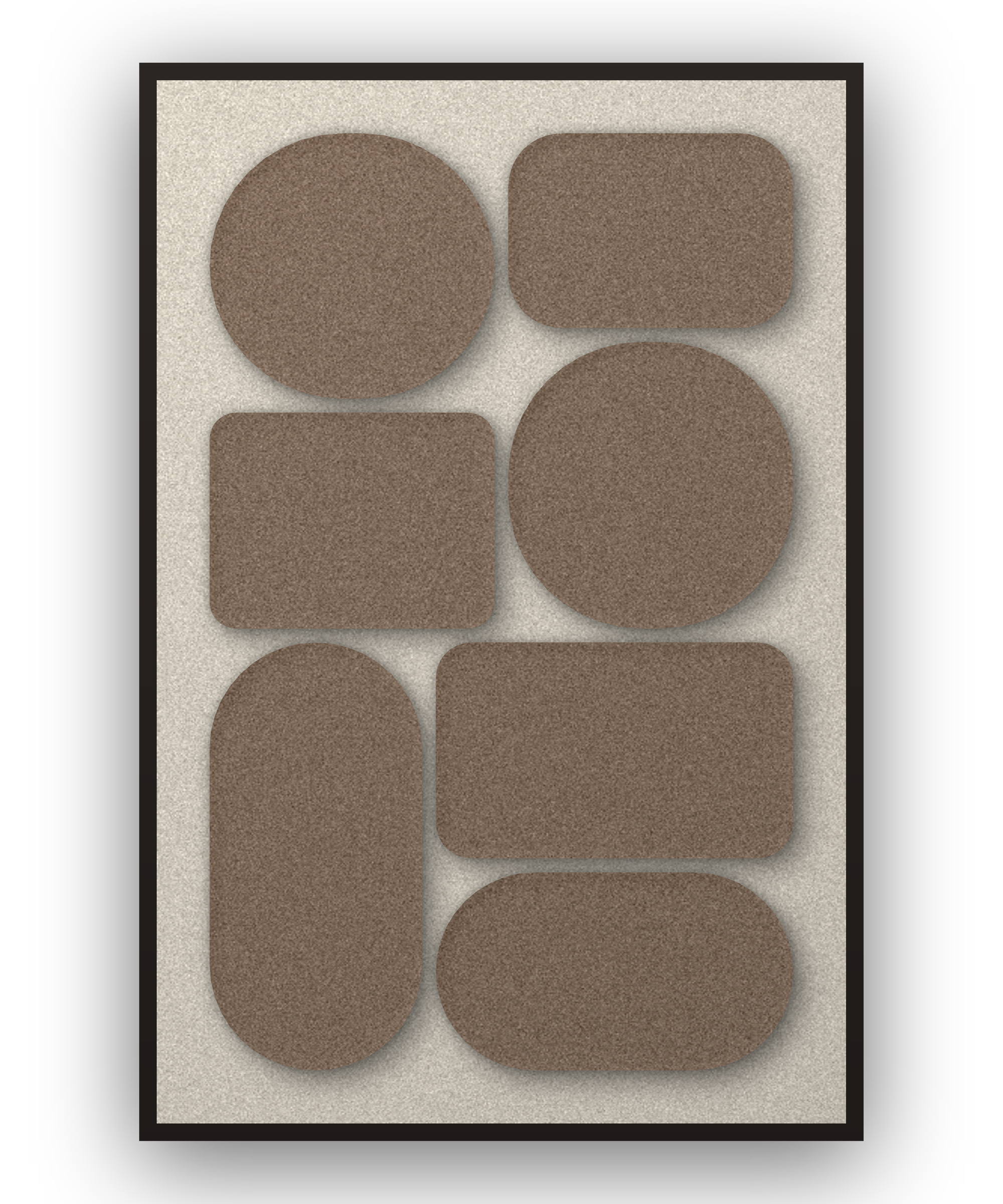 Monolith Cocoa Akustikfilz-Paneel mit aufgesetzten Elementen in Kaffeebraun auf Elfenbein, schwarzer Schattenfugenrahmen