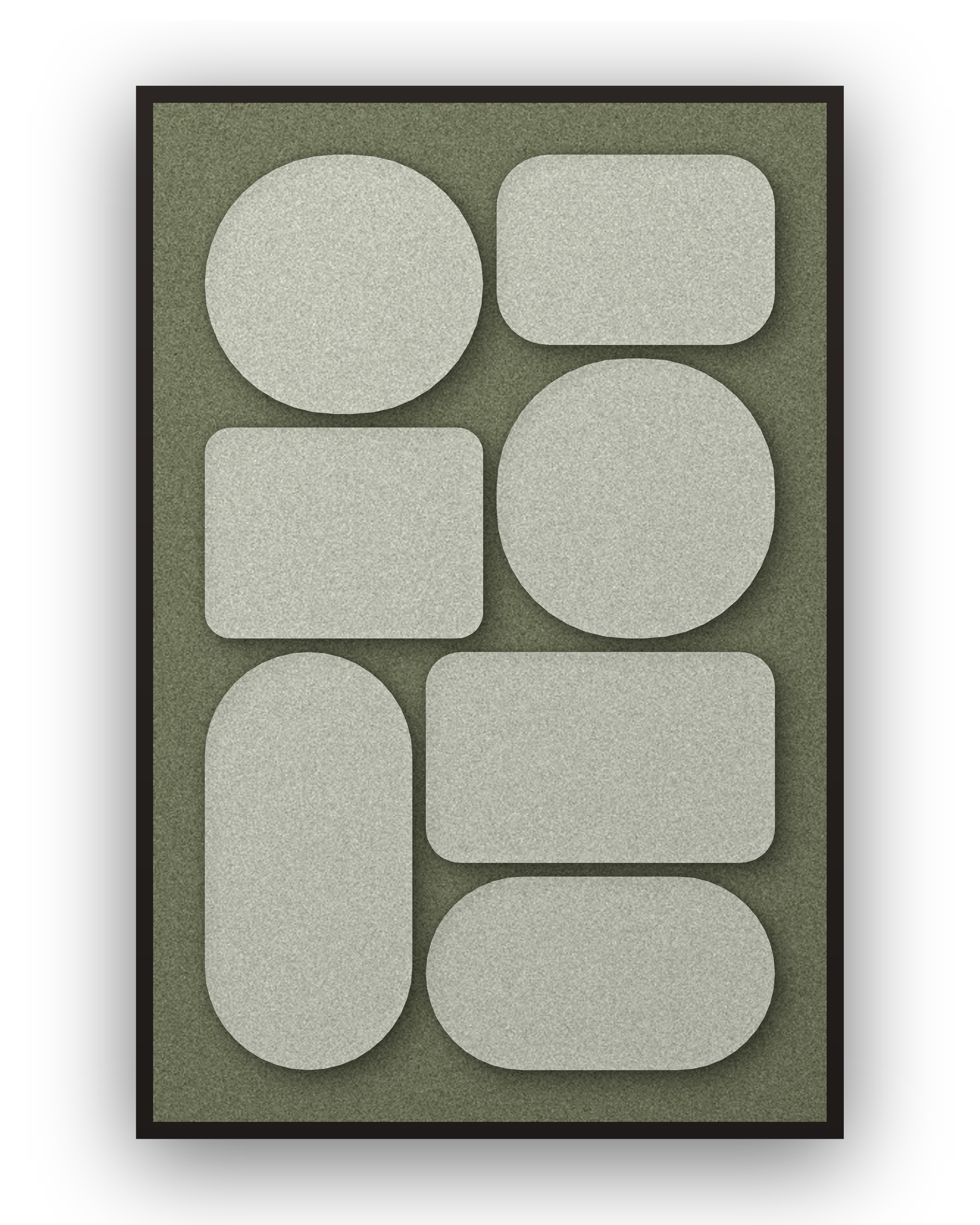 Panneau en feutre acoustique Monolith Fern avec éléments appliqués gris-vert sur vert forêt, cadre caisse noir