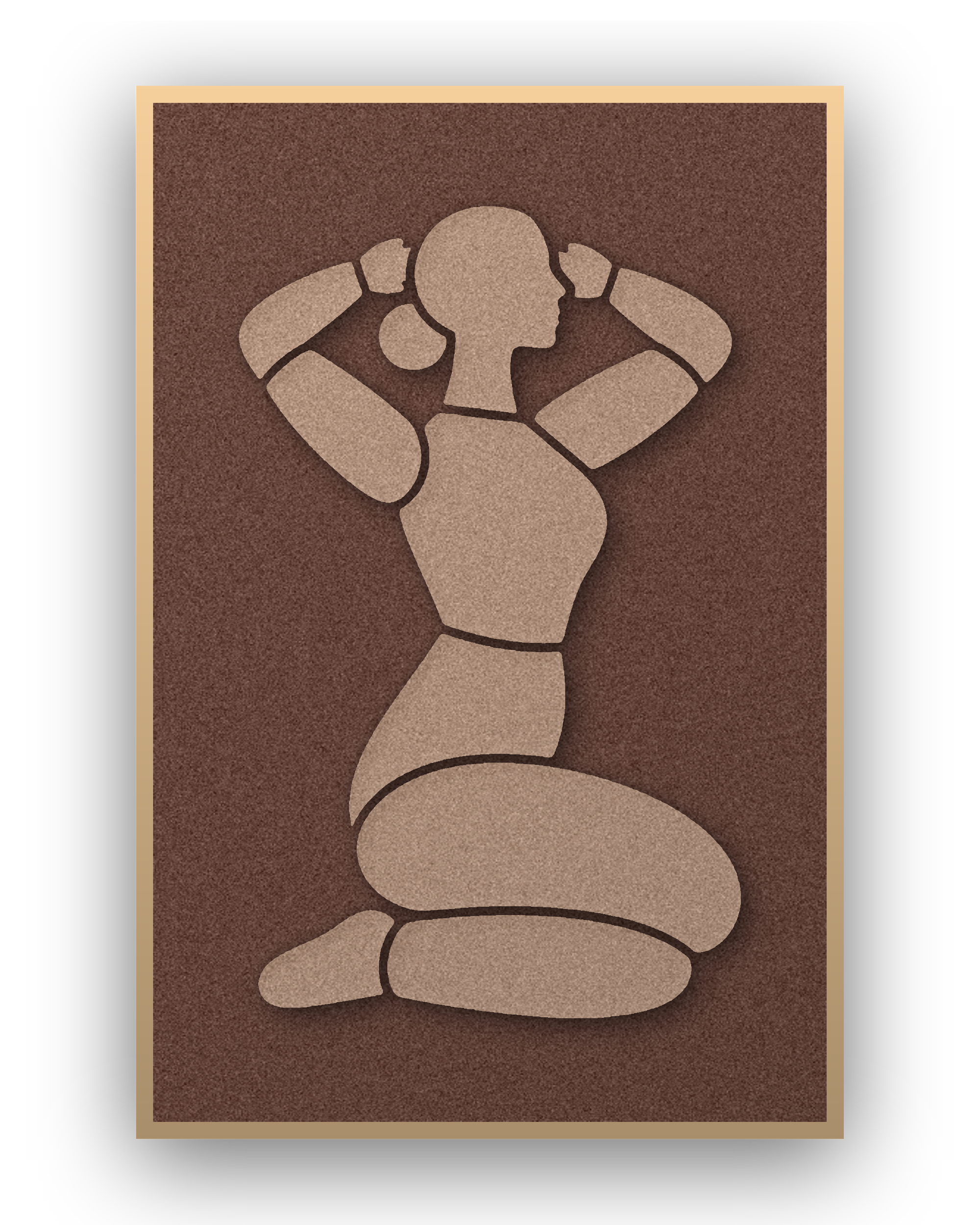 Morning Stretch Cappuccino panneau acoustique en feutre, silhouette féminine brun cappuccino sur brun café, cadre caisse naturel