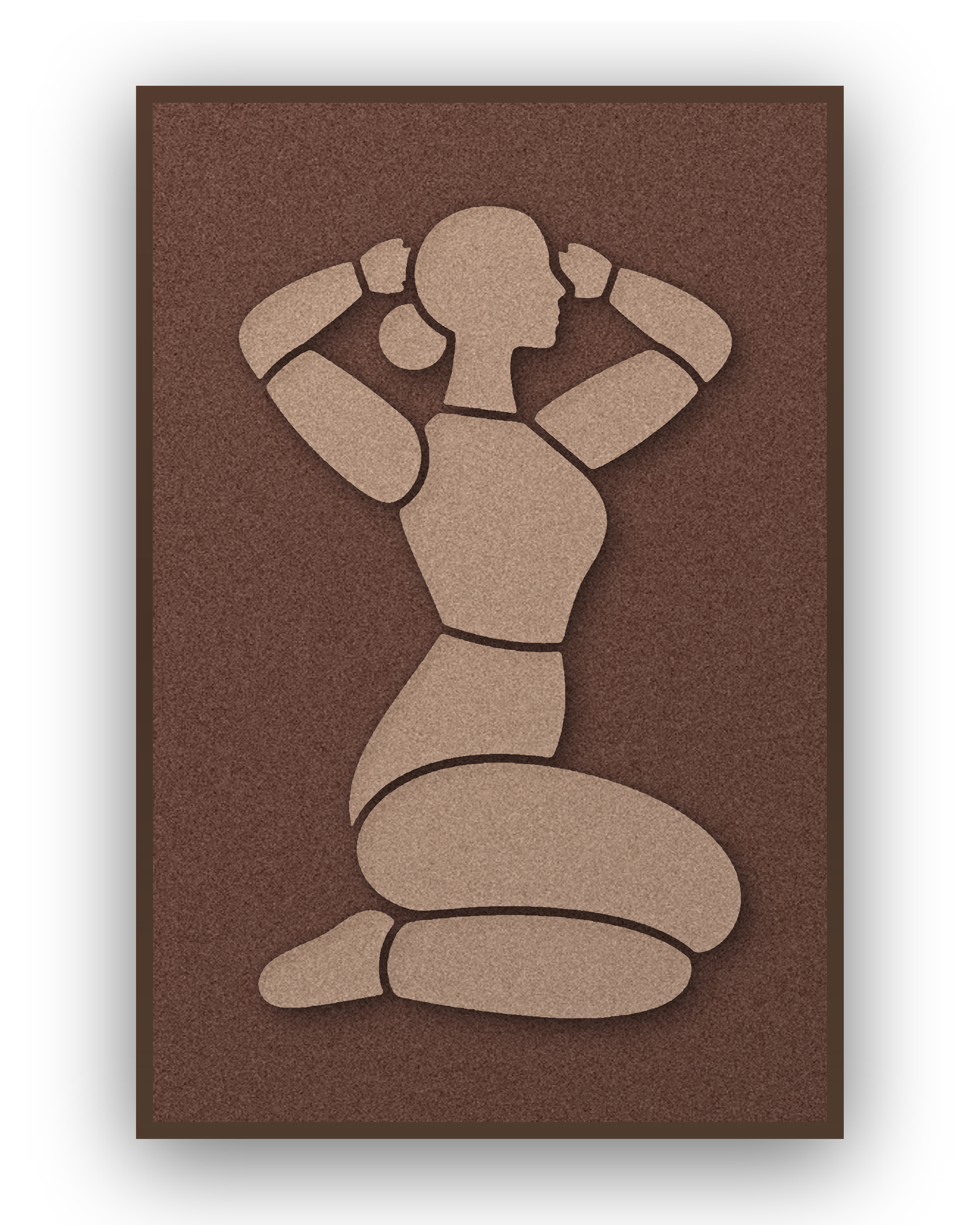 Morning Stretch Cappuccino panneau acoustique en feutre, silhouette féminine brun cappuccino sur brun café, cadre caisse châtaigne