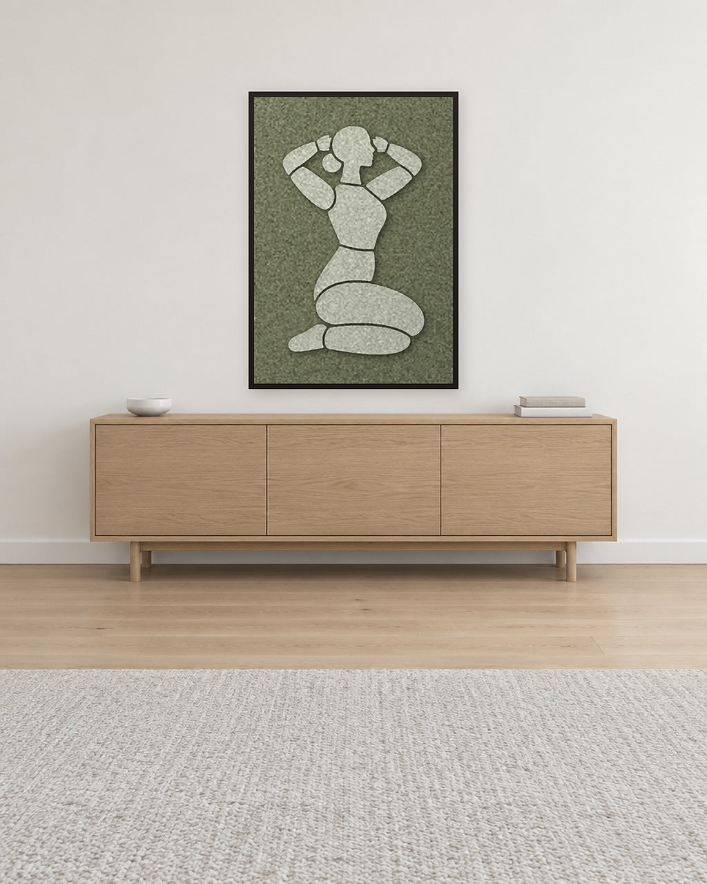 Morning Stretch Fern panneau en feutre avec cadre caisse noir au mur dans un intérieur scandinave lumineux