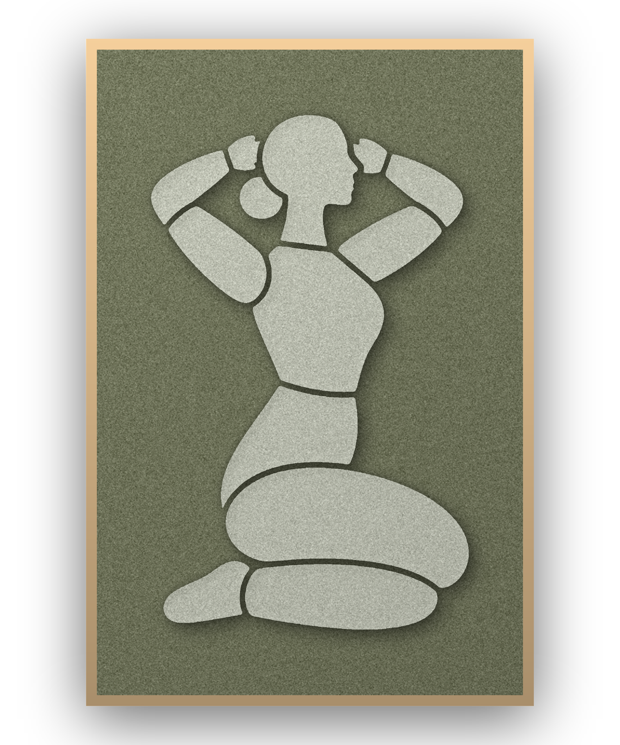 Morning Stretch Fern Akustikpaneel aus Filz mit aufgelegter Frauenfigur in Graugrün auf Waldgrün, mit Schattenfugenrahmen in Natur