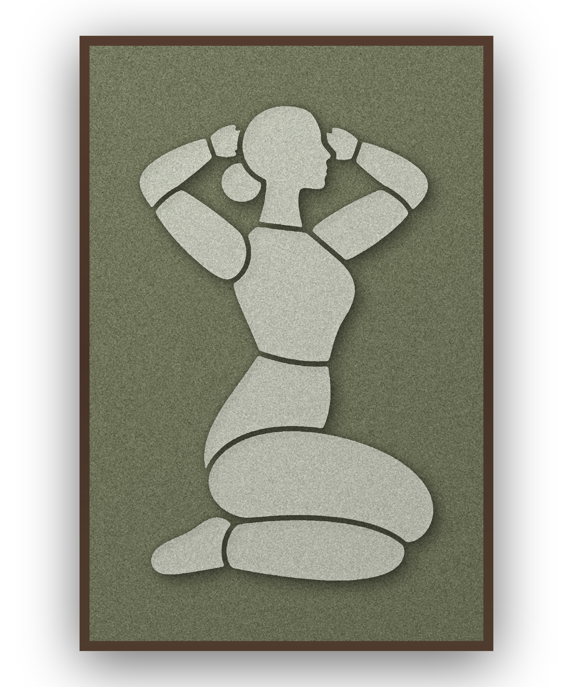 Morning Stretch Fern Akustikpaneel aus Filz mit aufgelegter Frauenfigur in Graugrün auf Waldgrün, mit kastanienbraunem Schattenfugenrahmen