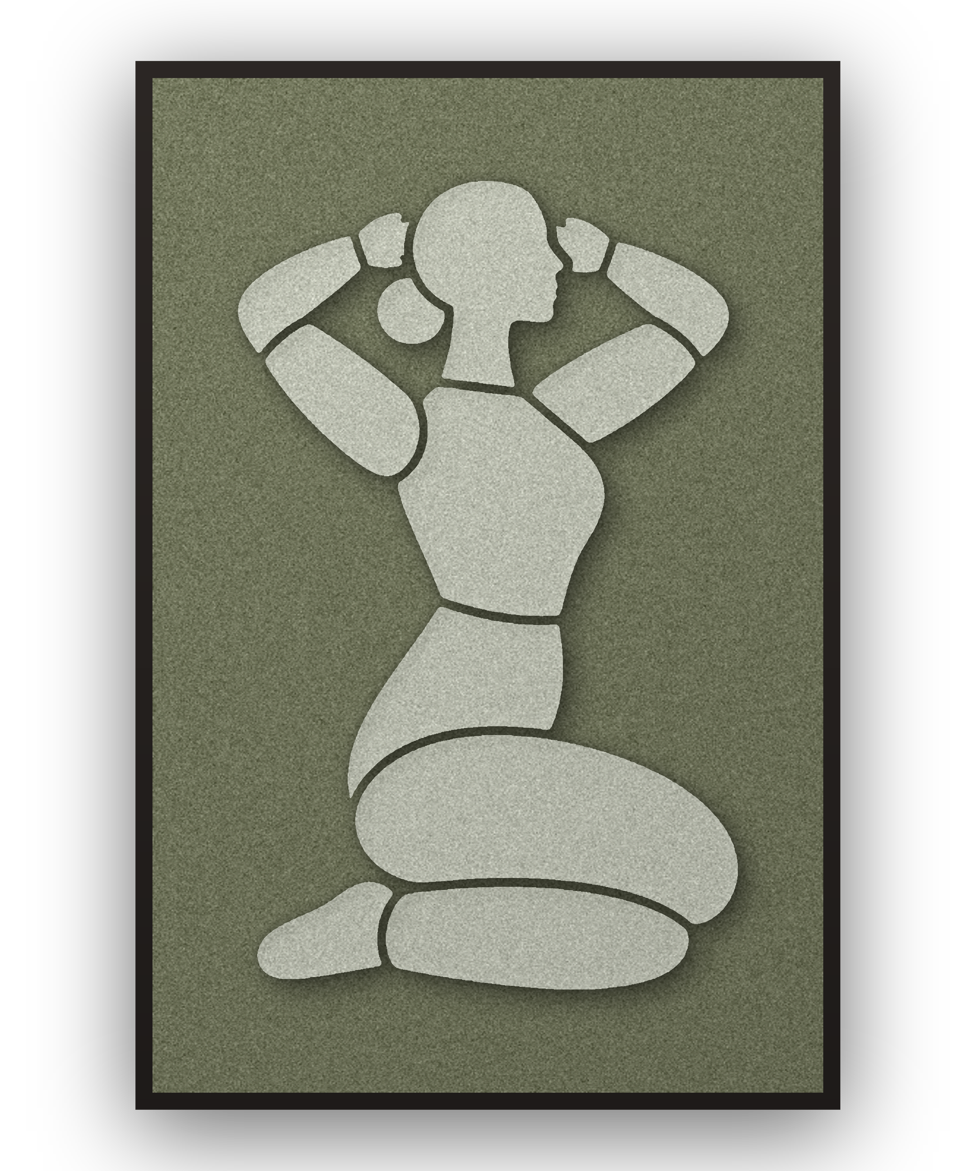 Morning Stretch Fern Akustikpaneel aus Filz mit aufgelegter Frauenfigur in Graugrün auf Waldgrün, mit schwarzem Schattenfugenrahmen