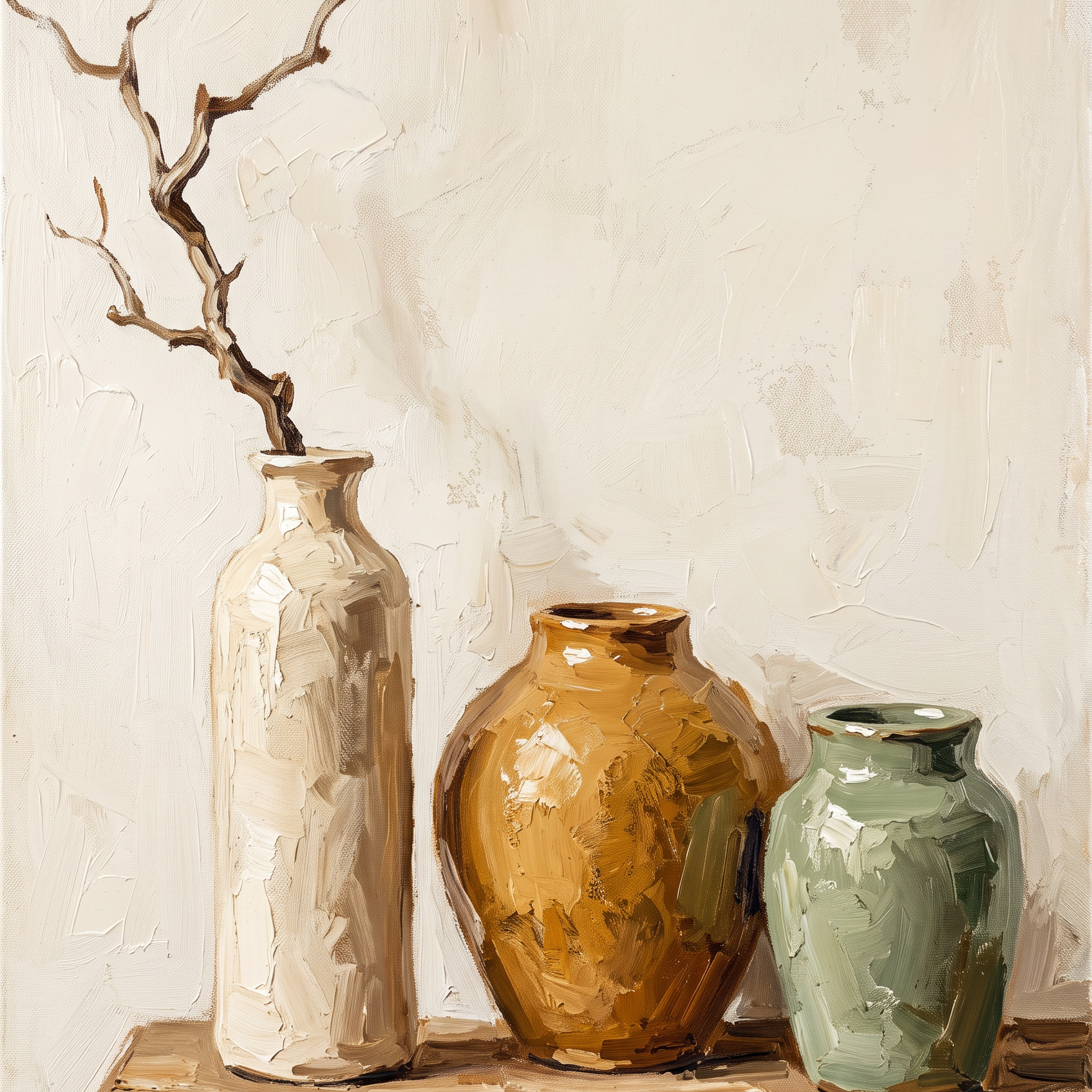 Morning Vessel wanddecoratie van Wandkraft: een modern stilleven met keramische vazen en een tak, tegen een lichte crèmekleurige muur, geschilderd met zichtbare penseelstreken, in warm crème en gebroken wit als basis, met diep oker, zacht roest en gedempt salie in de objecten.