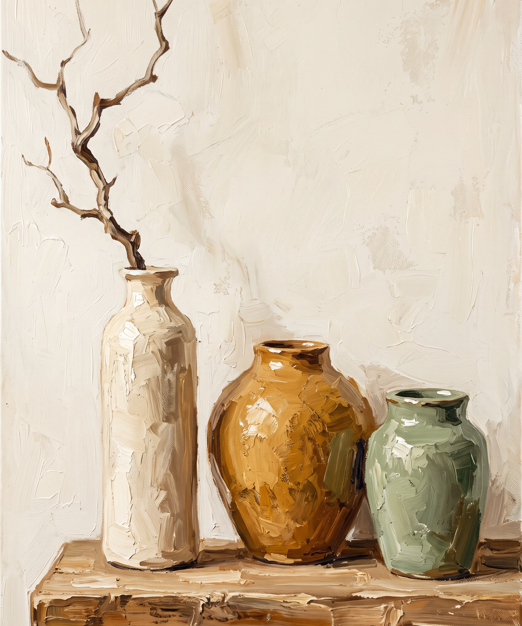 Morning Vessel wanddecoratie van Wandkraft: een modern stilleven met keramische vazen en een tak, tegen een lichte crèmekleurige muur, geschilderd met zichtbare penseelstreken, in warm crème en gebroken wit als basis, met diep oker, zacht roest en gedempt salie in de objecten.