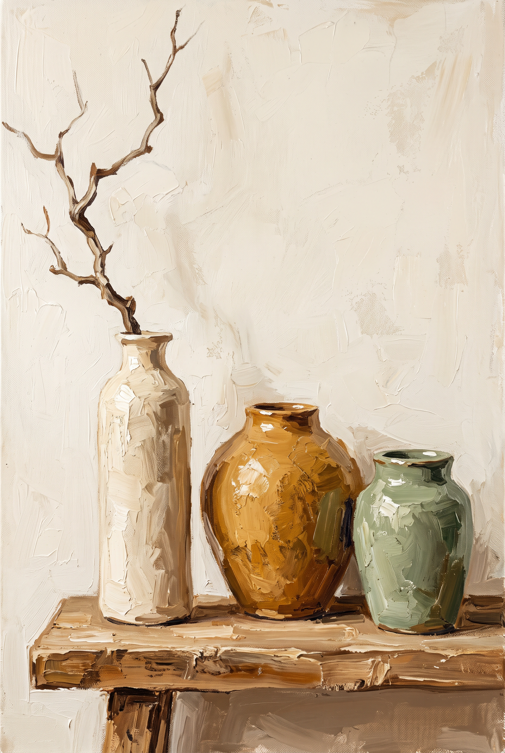 Morning Vessel wanddecoratie van Wandkraft: een modern stilleven met keramische vazen en een tak, tegen een lichte crèmekleurige muur, geschilderd met zichtbare penseelstreken, in warm crème en gebroken wit als basis, met diep oker, zacht roest en gedempt salie in de objecten.