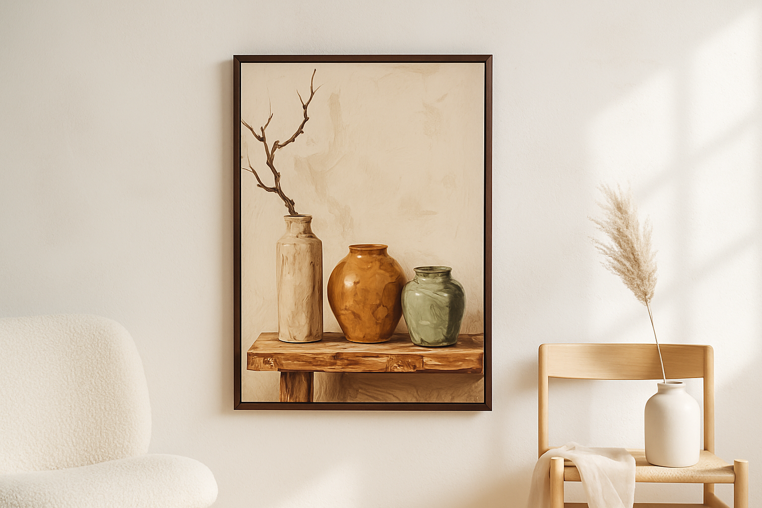 Morning Vessel van Wandkraft op akoestisch vilt in wenge baklijst, in een licht Scandinavisch interieur.