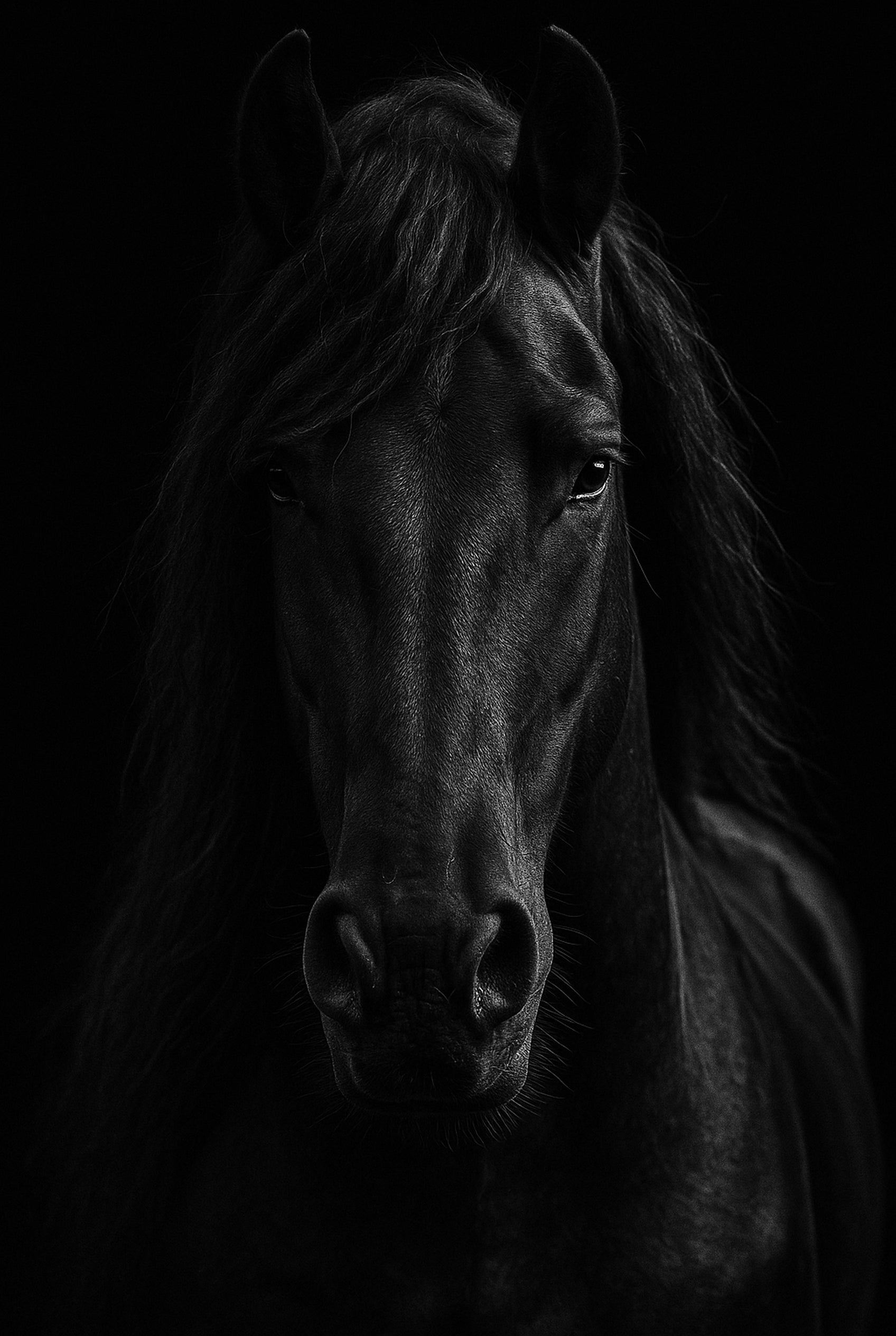 Night Mane - zwart-wit dierportret, Wandkraft