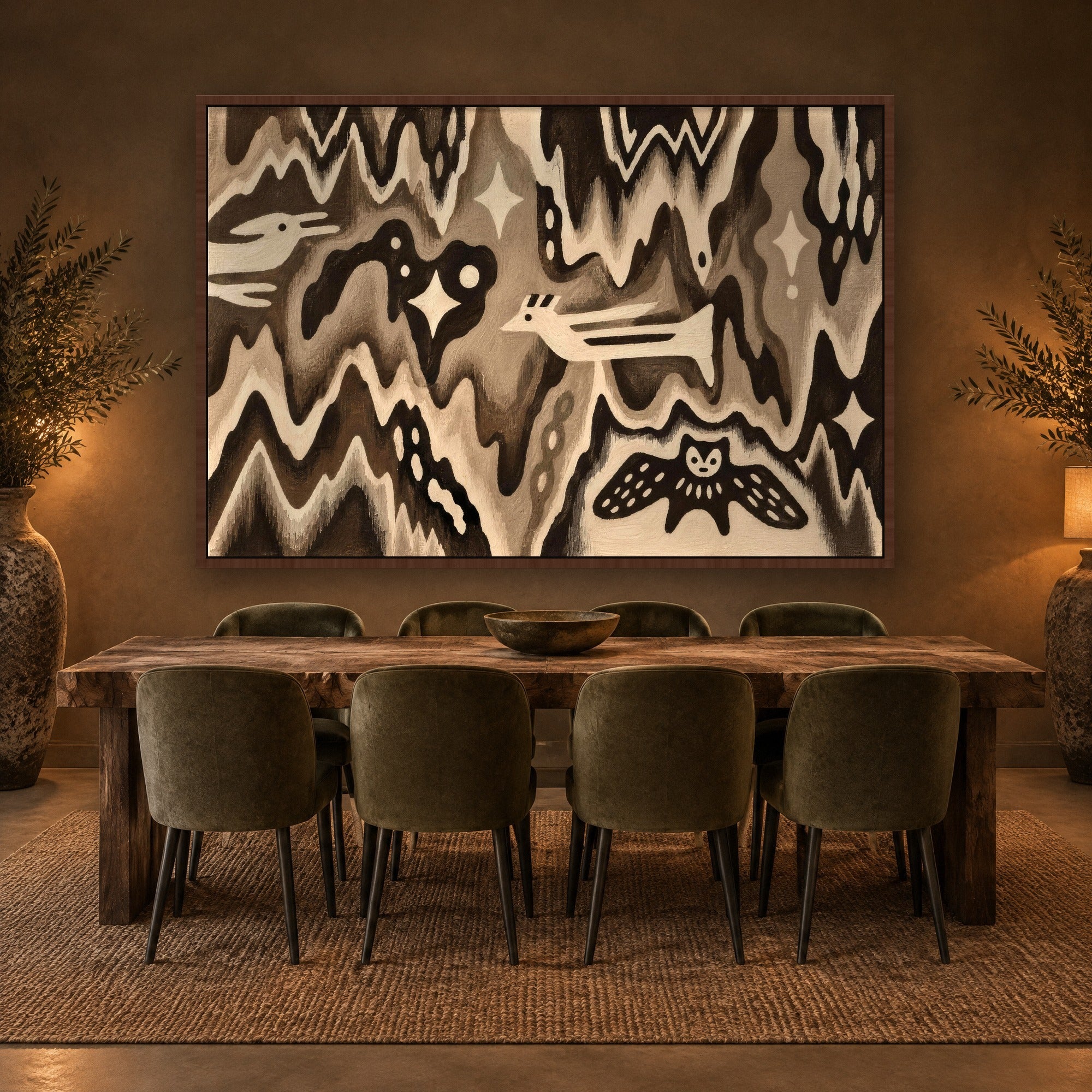 Nightbird Tapestry Stimmungsbild mit kastanienbraunem Schattenfugenrahmen im Essbereich
