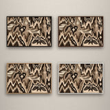 Nightbird Tapestry in vier baklijsten naast elkaar: zwart, kastanje, naturel en wit