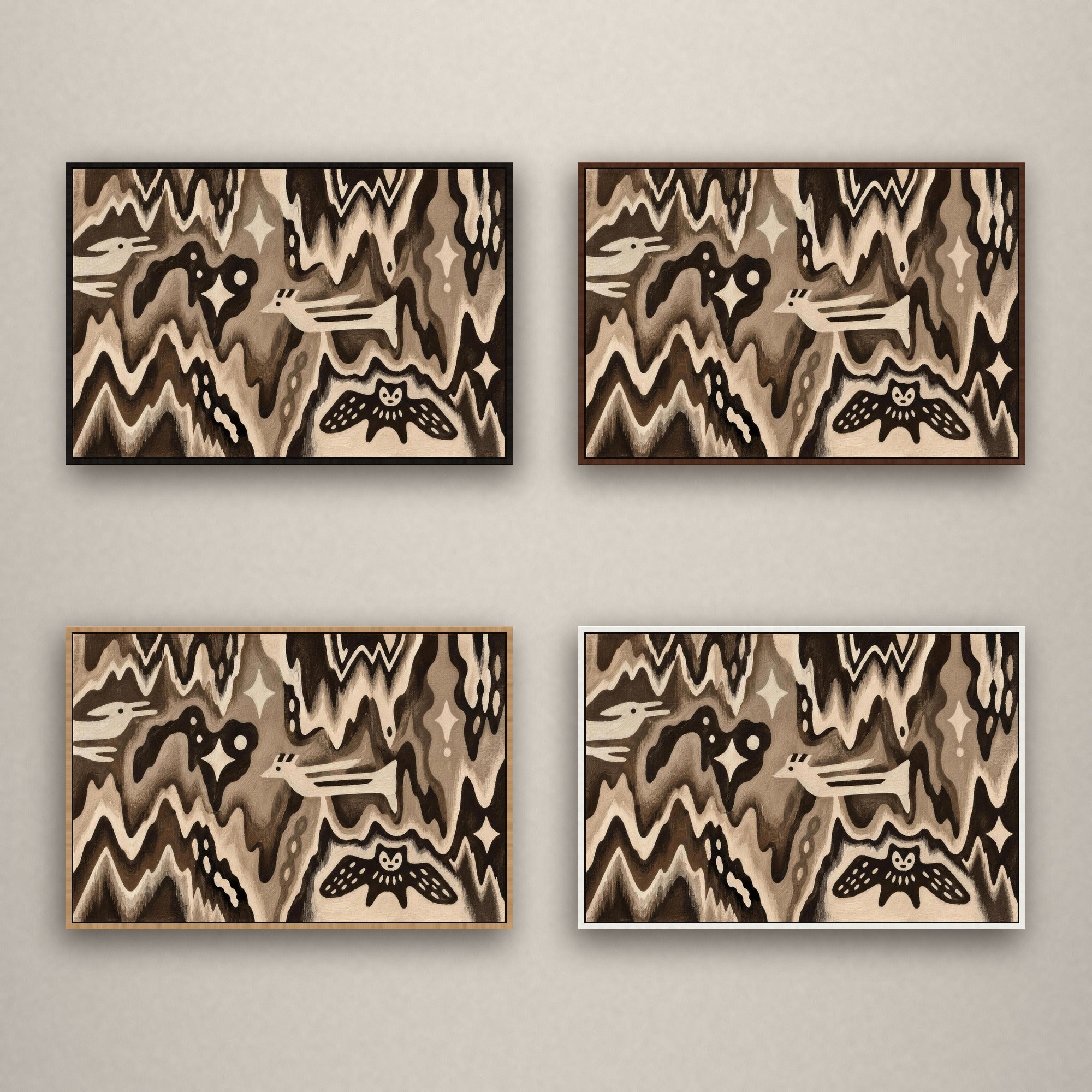 Nightbird Tapestry in vier baklijsten naast elkaar: zwart, kastanje, naturel en wit