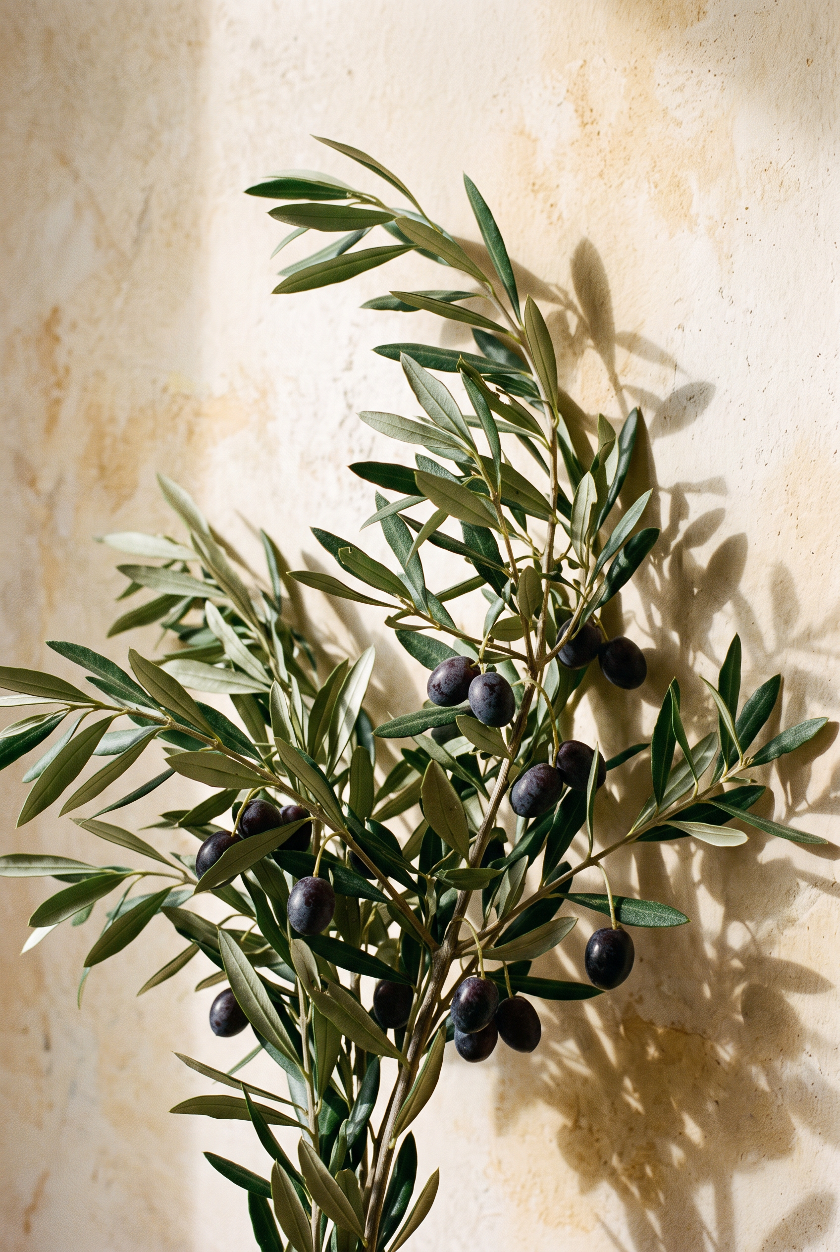 Olive Repose - botanisch schilderij van een olijftak in warm mediterraan licht