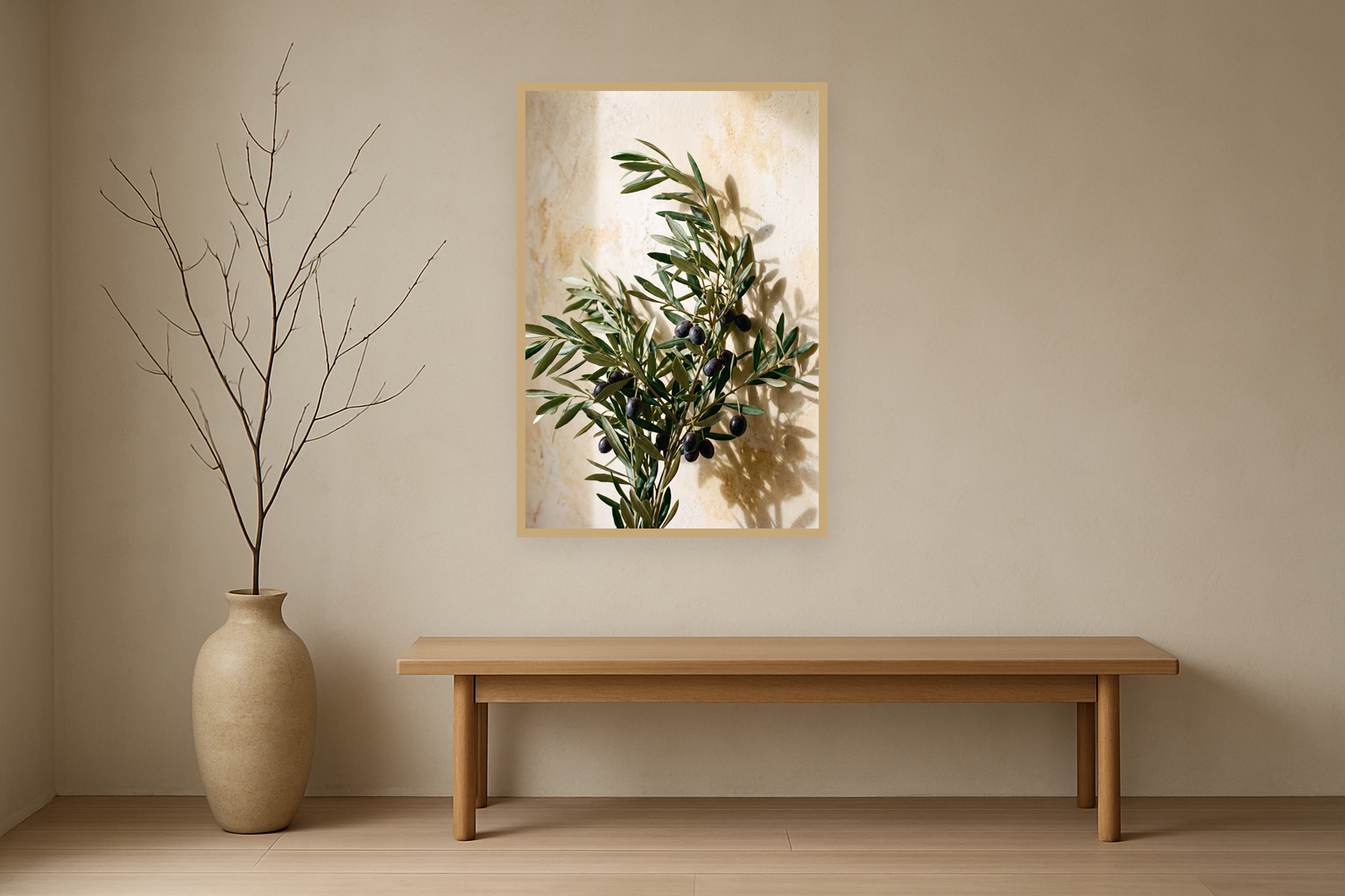 Olive Repose van Wandkraft op canvas in blanke baklijst, in een licht Japandi interieur.
