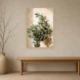 Olive Repose van Wandkraft op canvas in blanke baklijst, in een licht Japandi interieur.
