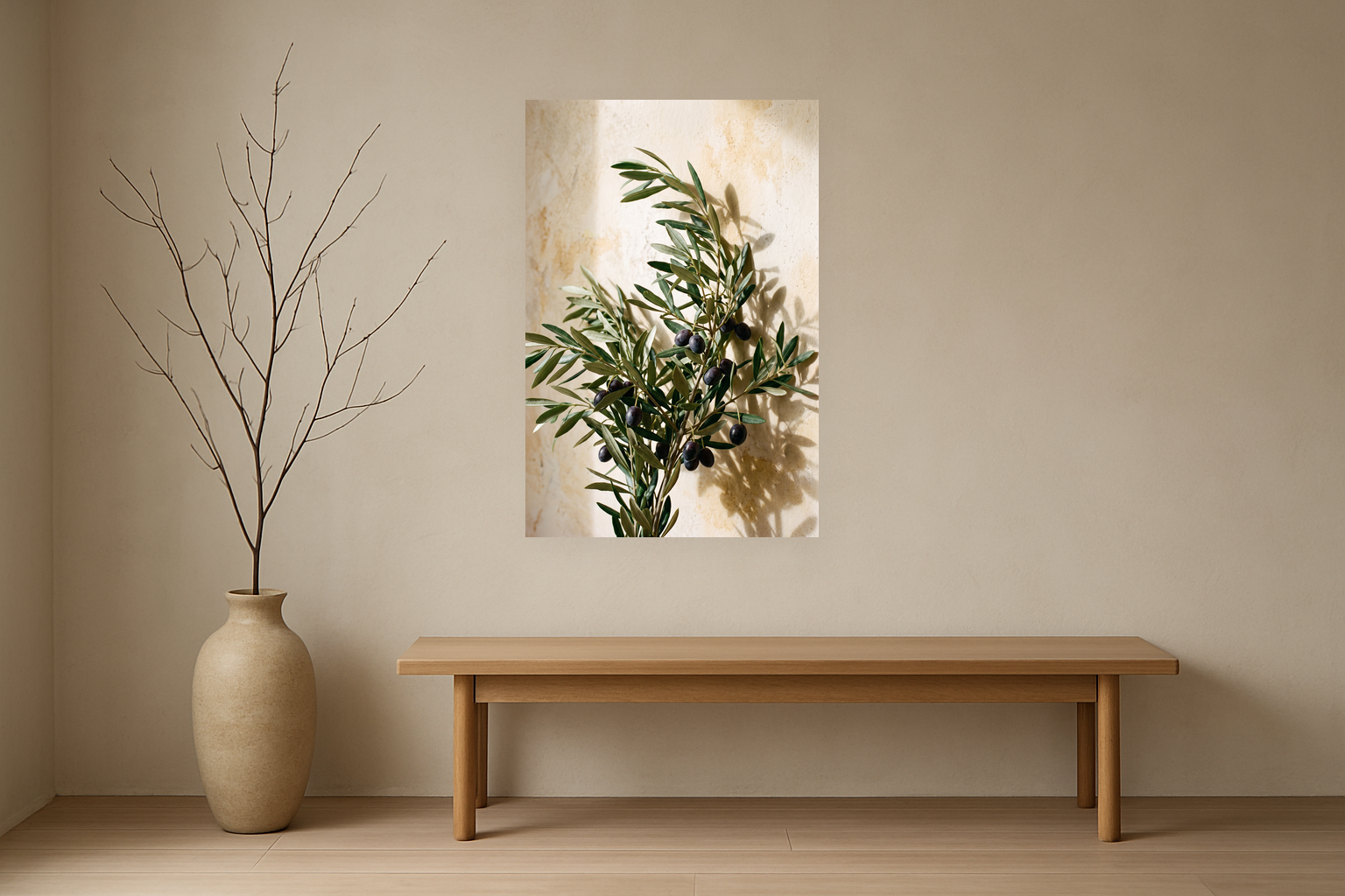 Olive Repose van Wandkraft op canvas zonder lijst, vlak aan de muur, in een licht Japandi interieur.