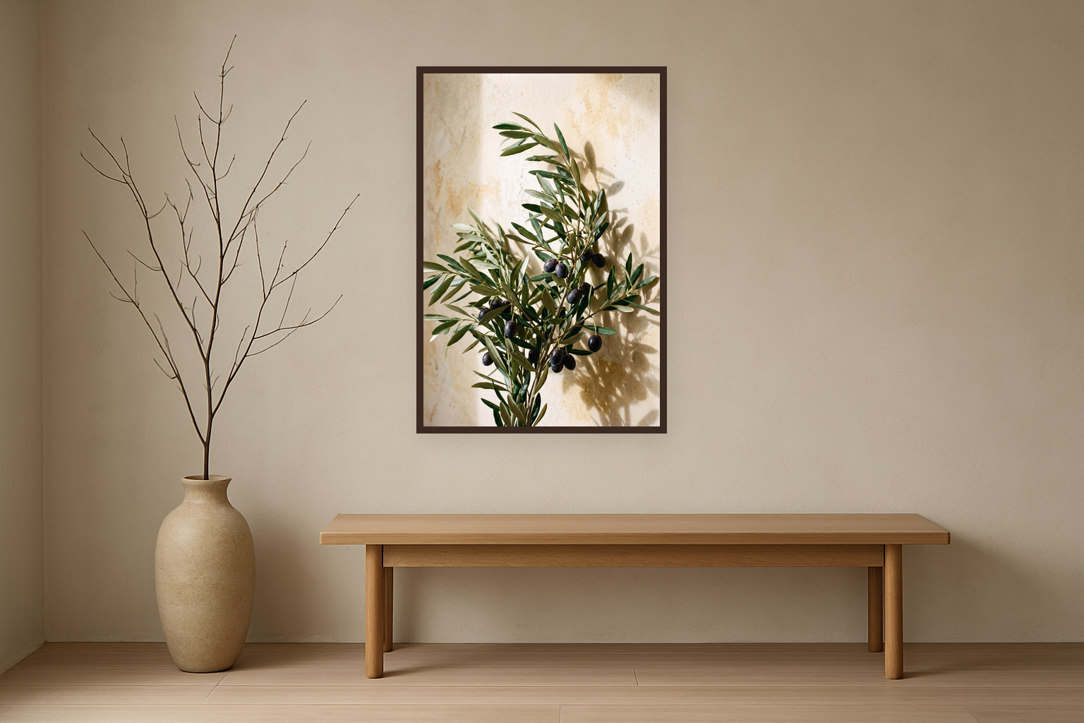 Olive Repose van Wandkraft op canvas in wenge baklijst, in een licht Japandi interieur.