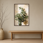 Olive Repose van Wandkraft op canvas in wenge baklijst, in een licht Japandi interieur.