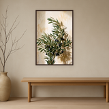 Olive Repose van Wandkraft op canvas in wenge baklijst, in een licht Japandi interieur.