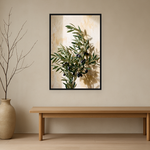 Olive Repose van Wandkraft op canvas in zwarte baklijst, in een licht Japandi interieur.